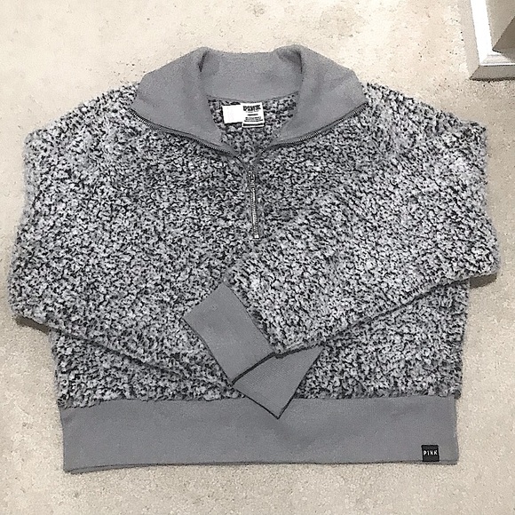 PINK Victoria's Secret Sweaters - 🆕⭐️PINK SHERPA SUPER CUTE&SOO SOFT&QUARTER ZIP SWEATSHIRT GRAY&WHITE MIX COLOR